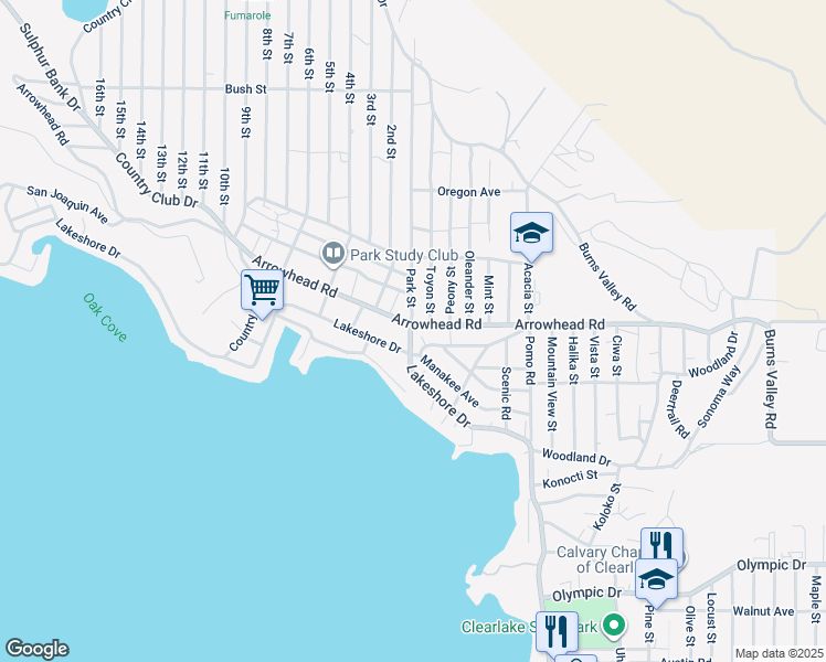 map of restaurants, bars, coffee shops, grocery stores, and more near 3660 Park Street in Clearlake