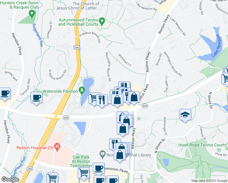 map of restaurants, bars, coffee shops, grocery stores, and more near 1672 Oaktree Court in Reston