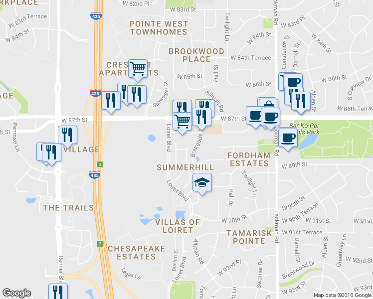 map of restaurants, bars, coffee shops, grocery stores, and more near W 88th St in Lenexa