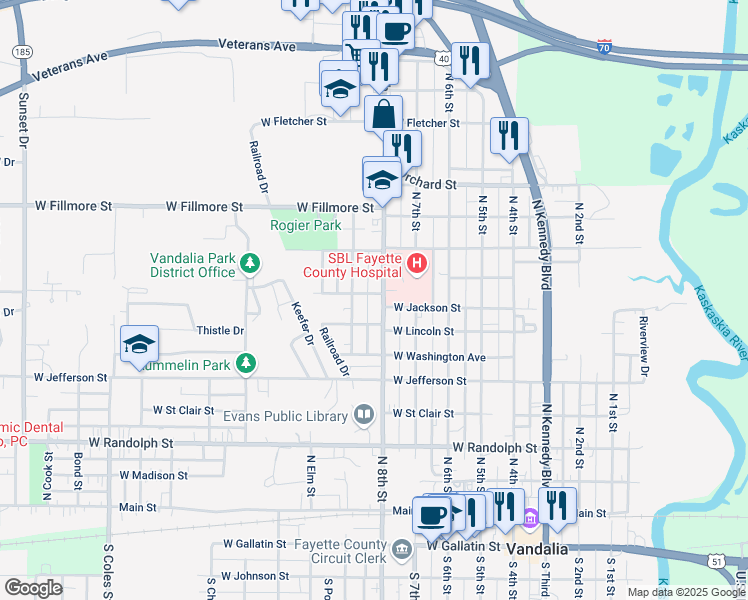 map of restaurants, bars, coffee shops, grocery stores, and more near 722 North 8th Street in Vandalia