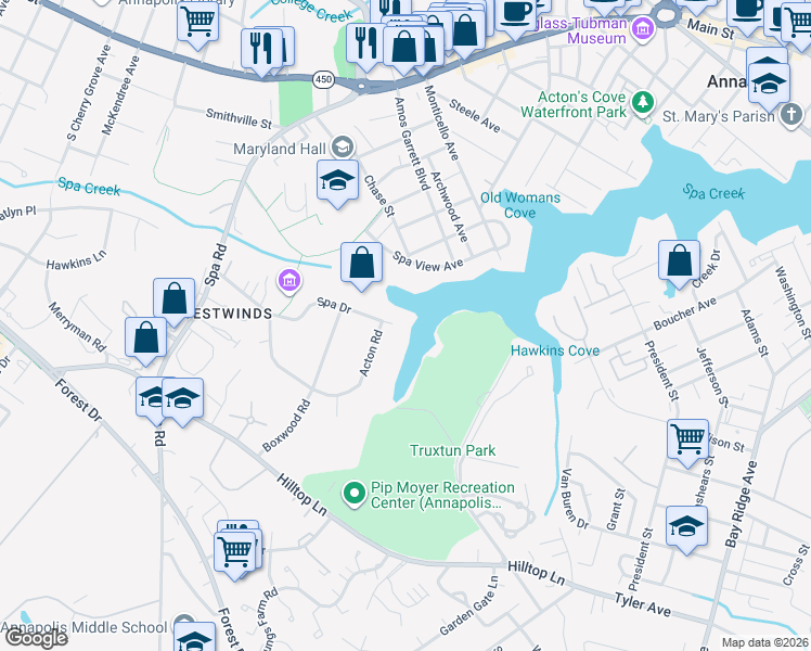 map of restaurants, bars, coffee shops, grocery stores, and more near 140 Spa Drive in Annapolis