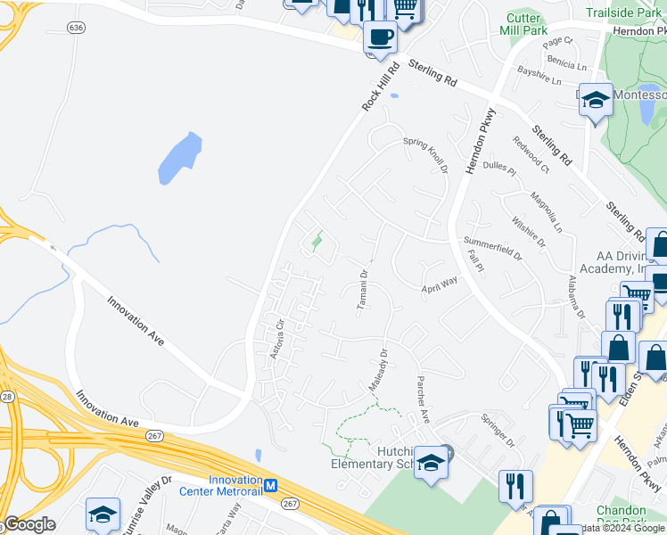 map of restaurants, bars, coffee shops, grocery stores, and more near 2052 Capstone Circle in Herndon