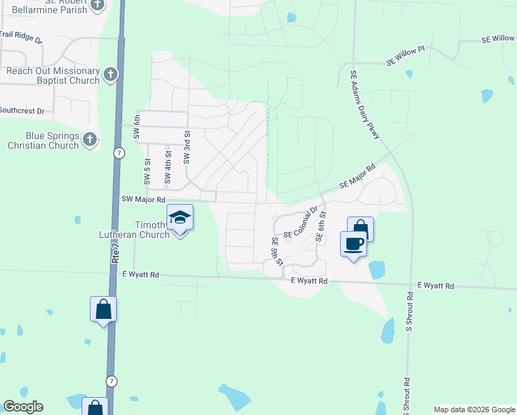 map of restaurants, bars, coffee shops, grocery stores, and more near 26416-27800 East Wyatt Road in Blue Springs