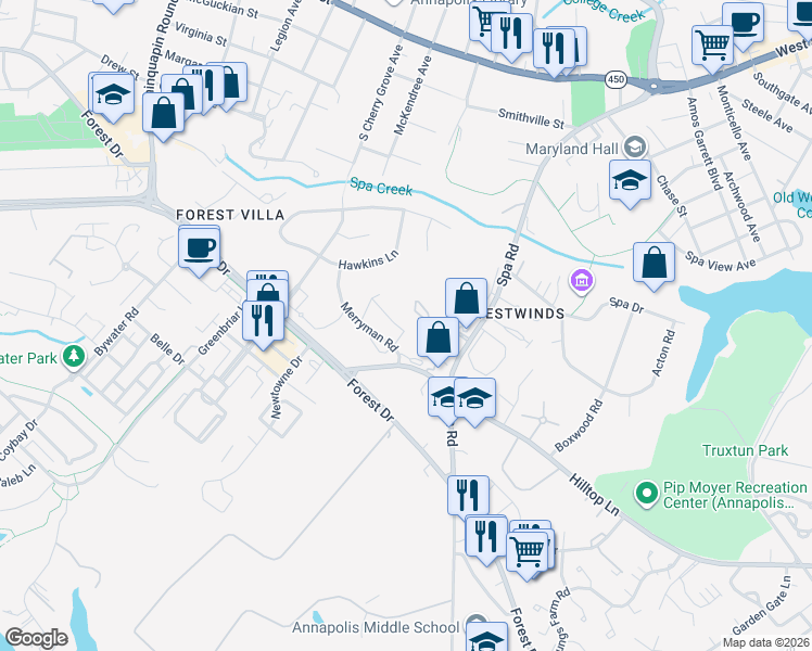 map of restaurants, bars, coffee shops, grocery stores, and more near 73 Heritage Court in Annapolis