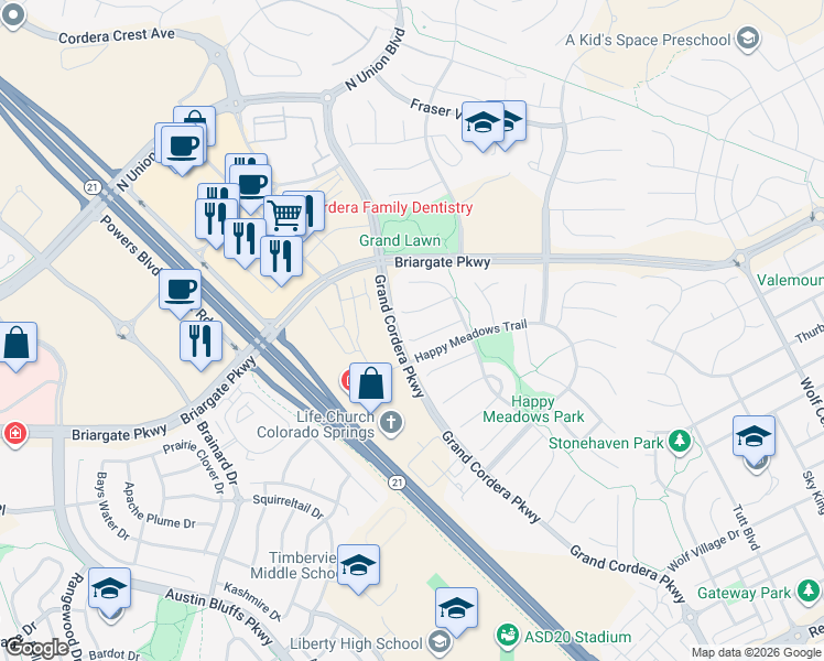 map of restaurants, bars, coffee shops, grocery stores, and more near 4814 Preachers Hollow Trail in Colorado Springs