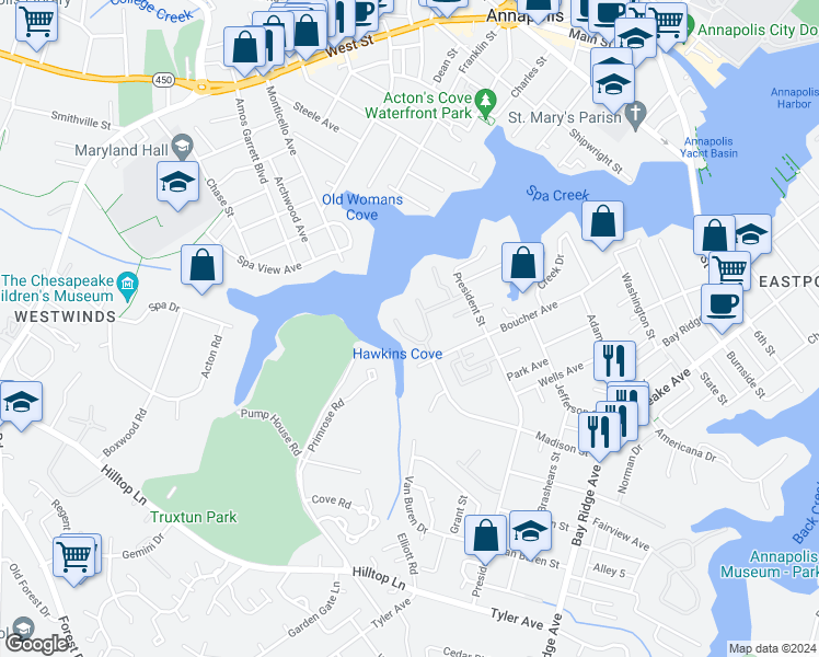 map of restaurants, bars, coffee shops, grocery stores, and more near 14 Spa Creek Landing in Annapolis