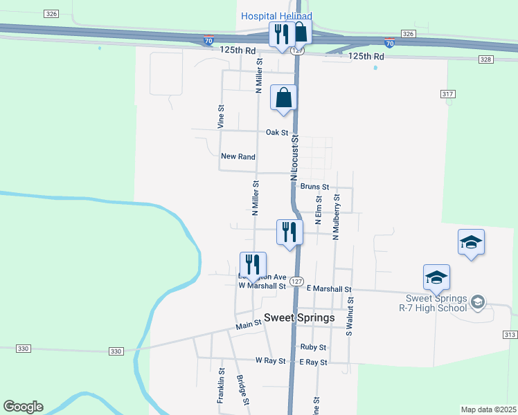 map of restaurants, bars, coffee shops, grocery stores, and more near 301 North Miller Street in Sweet Springs