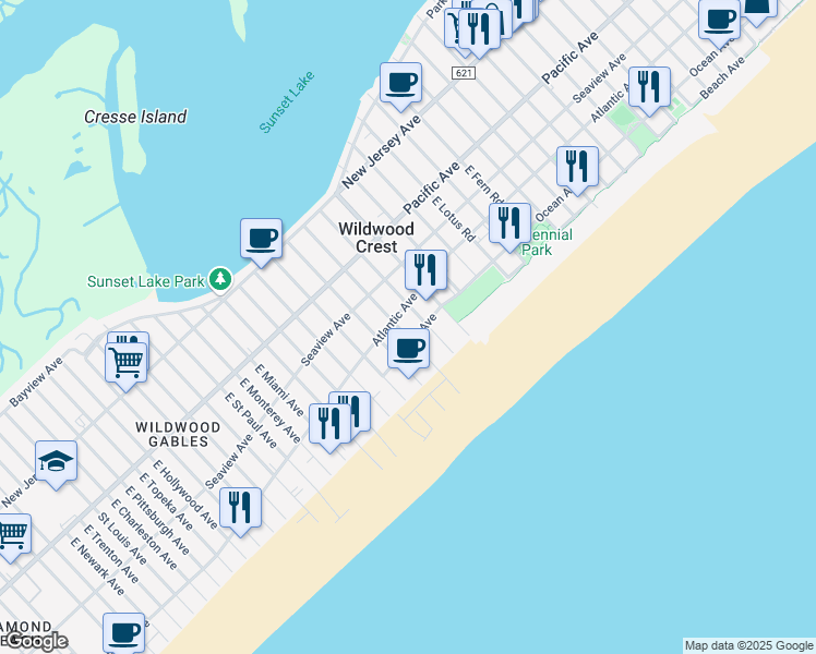 map of restaurants, bars, coffee shops, grocery stores, and more near 415 East Stockton Road in Wildwood