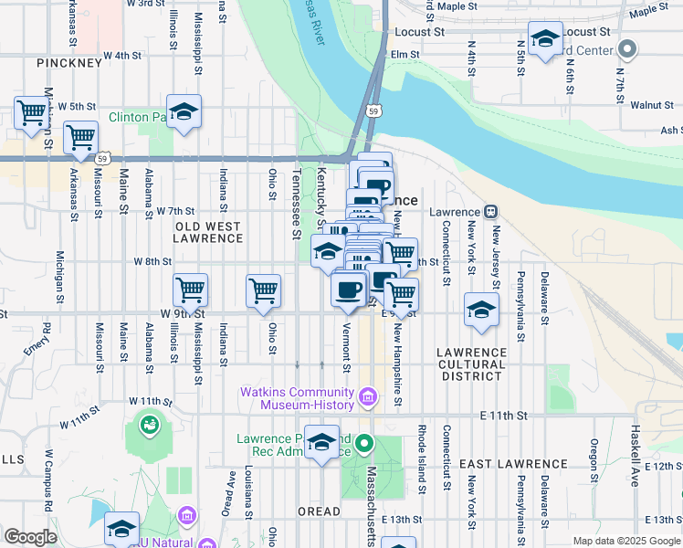 map of restaurants, bars, coffee shops, grocery stores, and more near 809 Vermont Street in Lawrence