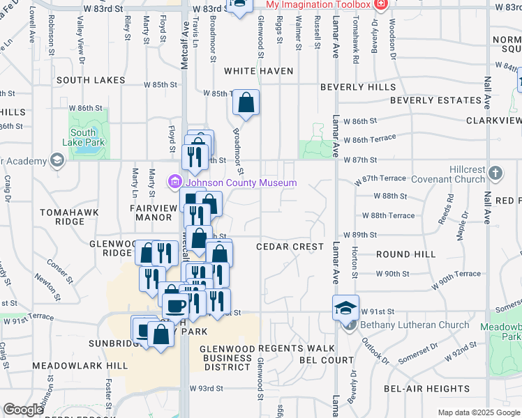 map of restaurants, bars, coffee shops, grocery stores, and more near 8840 Glenwood Street in Overland Park
