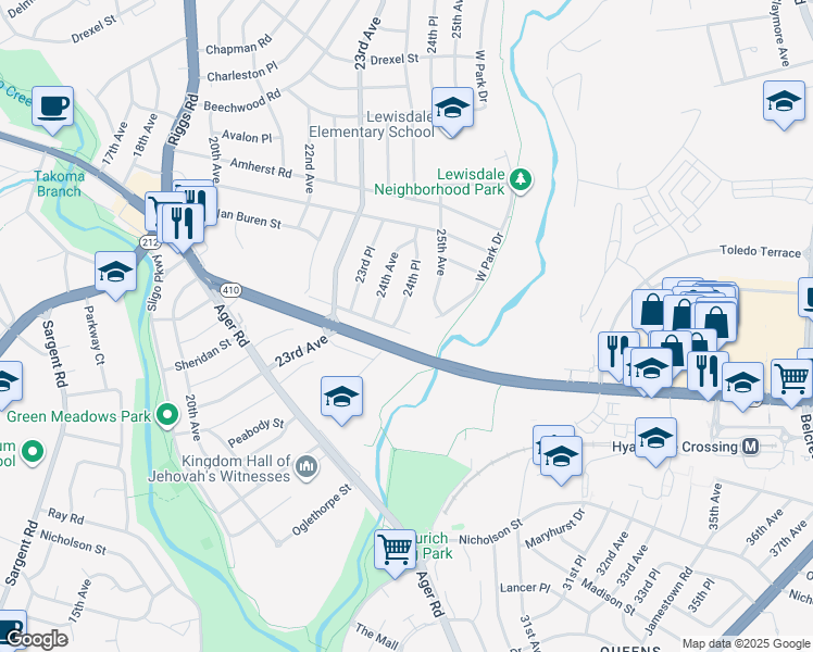 map of restaurants, bars, coffee shops, grocery stores, and more near 2410 Sheridan Street in Hyattsville