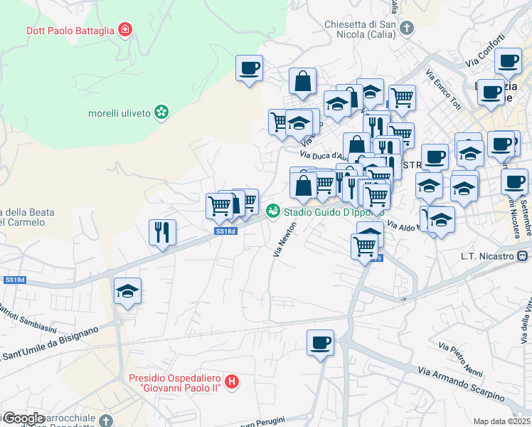 map of restaurants, bars, coffee shops, grocery stores, and more near 22 Via Piro in Lamezia Terme