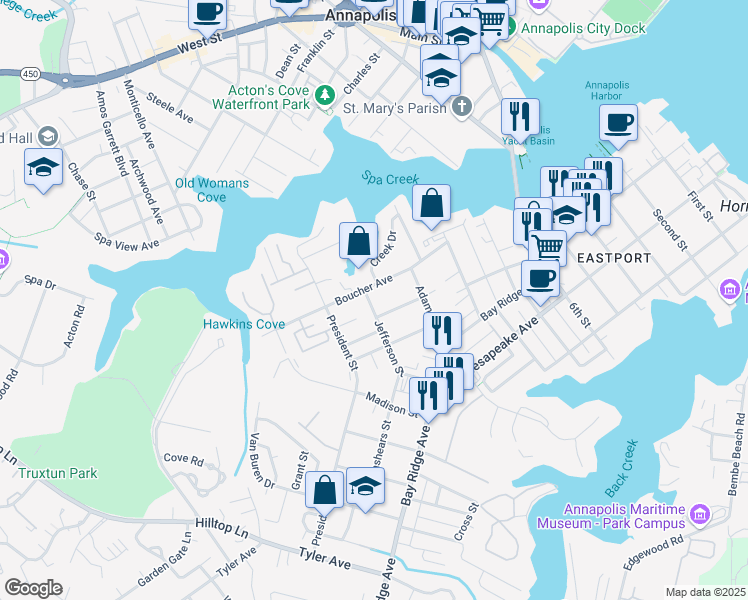 map of restaurants, bars, coffee shops, grocery stores, and more near 395 Jefferson Street in Annapolis