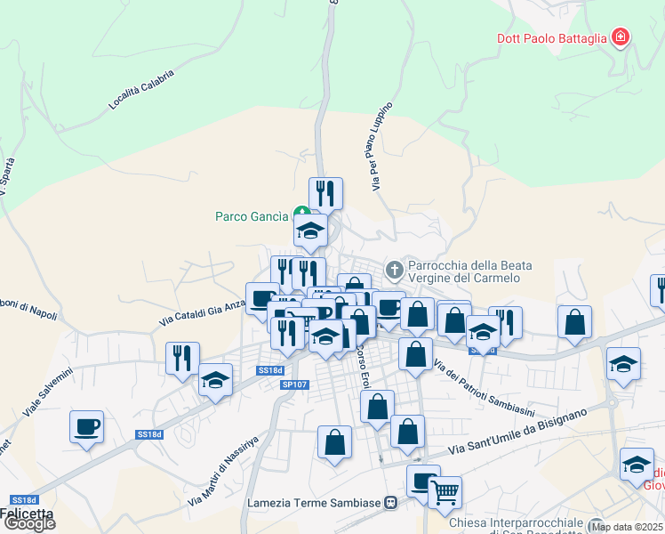 map of restaurants, bars, coffee shops, grocery stores, and more near Via Galliano in Lamezia Terme