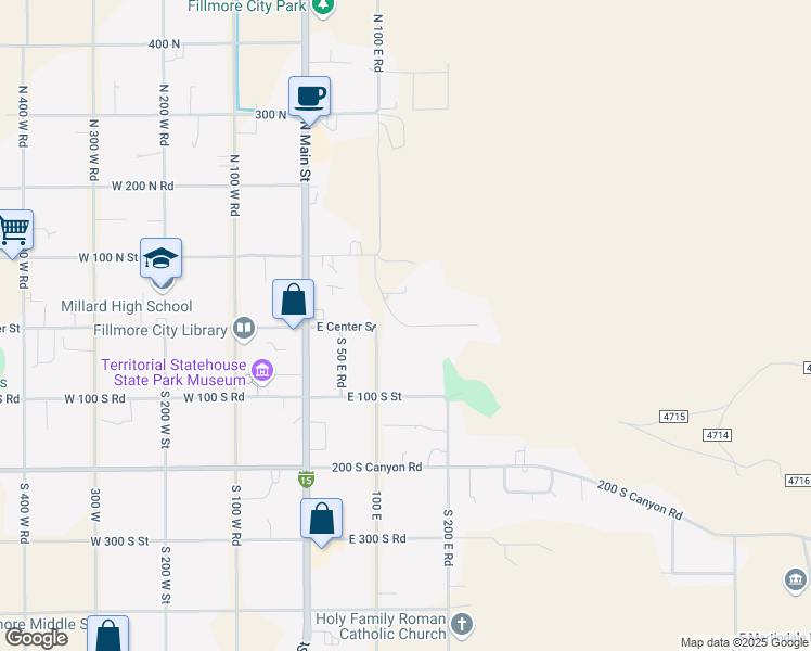 map of restaurants, bars, coffee shops, grocery stores, and more near 205 North 100 East Road in Fillmore