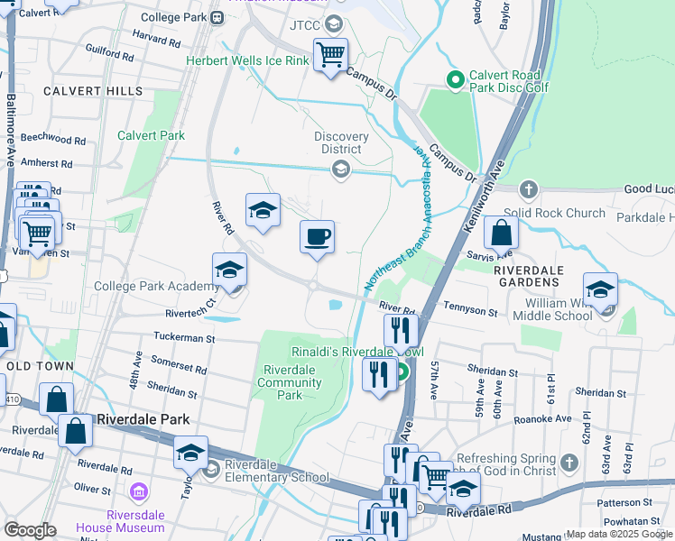 map of restaurants, bars, coffee shops, grocery stores, and more near 5801 University Research Court in Riverdale Park