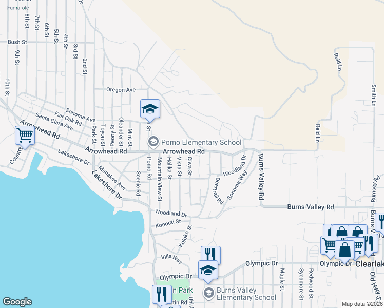 map of restaurants, bars, coffee shops, grocery stores, and more near 3150 Ciwa Street in Clearlake