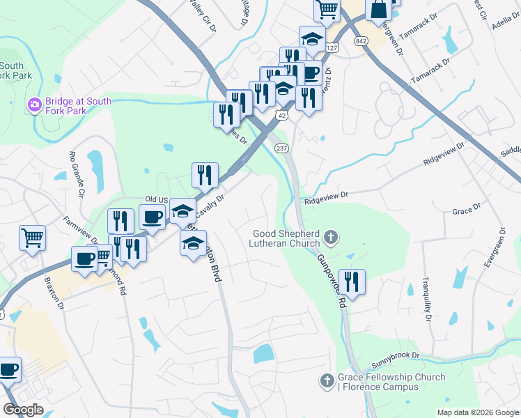 map of restaurants, bars, coffee shops, grocery stores, and more near 1701 Dalton Drive in Florence