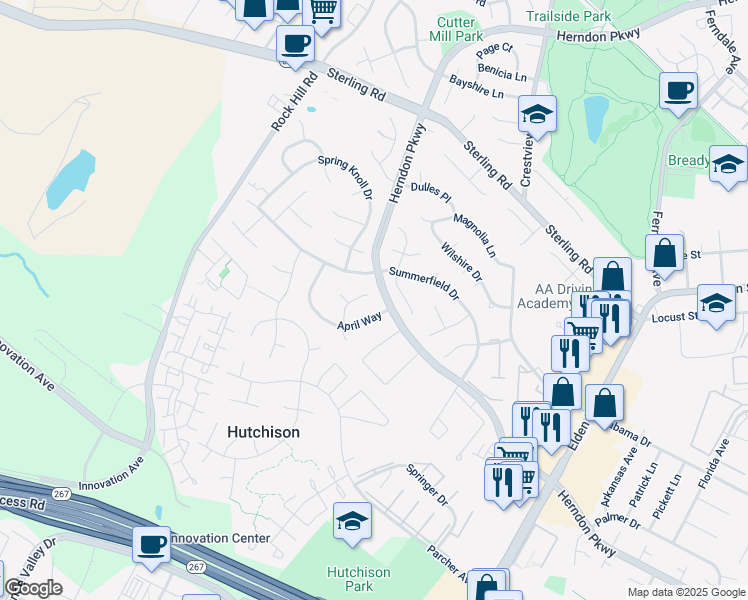 map of restaurants, bars, coffee shops, grocery stores, and more near 730 Gentle Breeze Court in Herndon