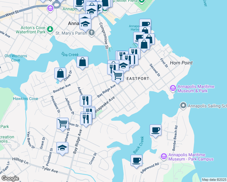 map of restaurants, bars, coffee shops, grocery stores, and more near 429 Burnside Street in Annapolis