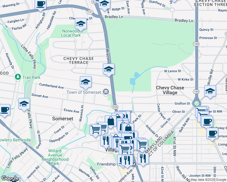 map of restaurants, bars, coffee shops, grocery stores, and more near Wisconsin Avenue in Bethesda