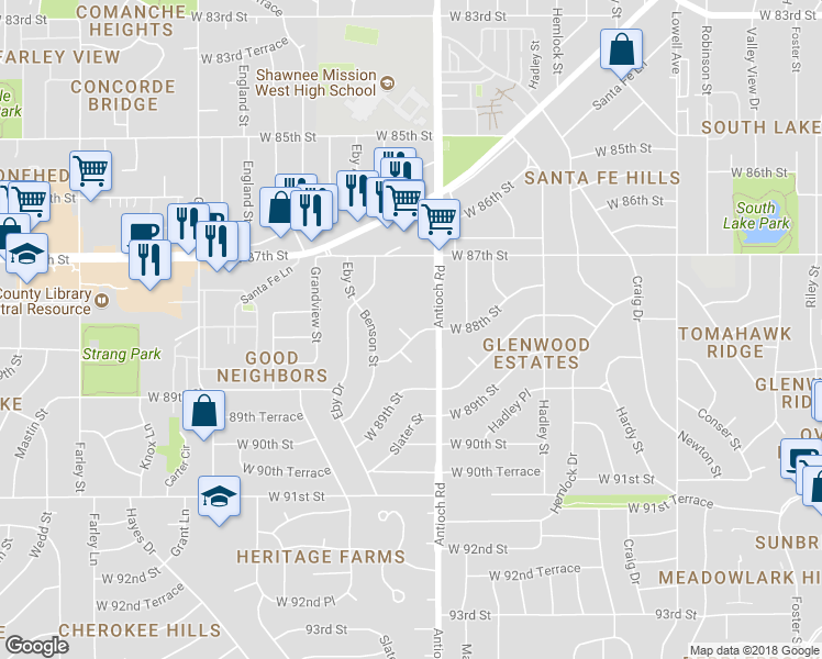 map of restaurants, bars, coffee shops, grocery stores, and more near 8708 West 88th Street in Overland Park