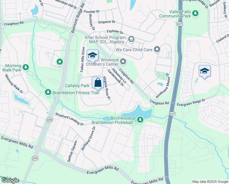 map of restaurants, bars, coffee shops, grocery stores, and more near 23425 Spice Bush Terrace in Brambleton