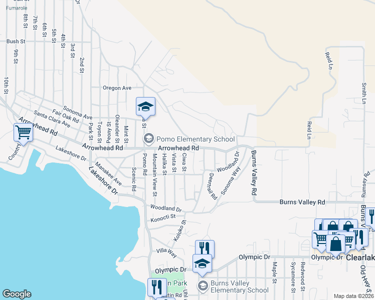 map of restaurants, bars, coffee shops, grocery stores, and more near 3150 Ciwa Street in Clearlake