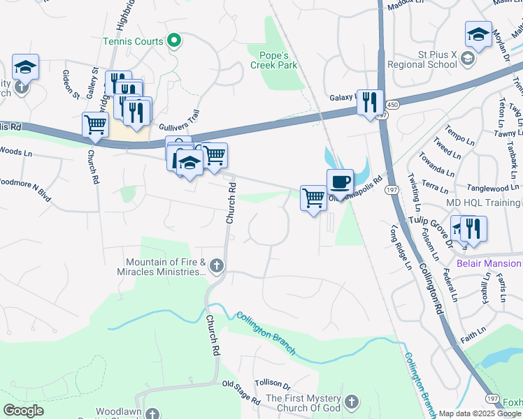 map of restaurants, bars, coffee shops, grocery stores, and more near 13902 Lake Meadows Drive in Bowie