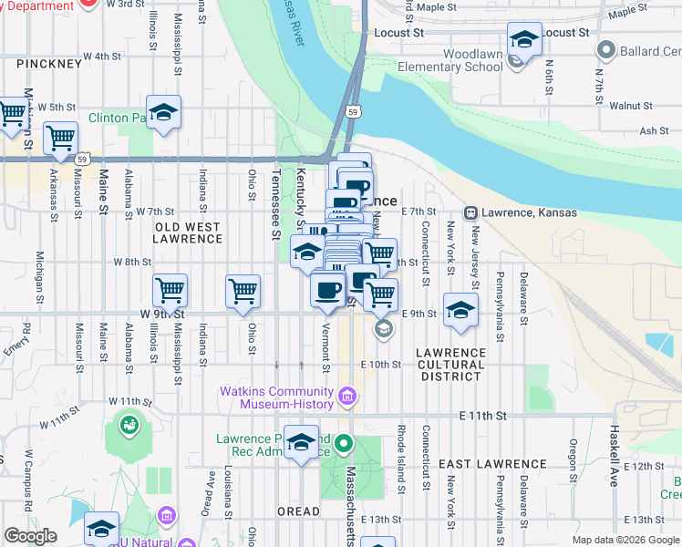 map of restaurants, bars, coffee shops, grocery stores, and more near 821 Massachusetts Street in Lawrence