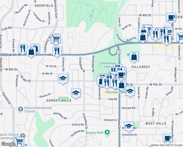 map of restaurants, bars, coffee shops, grocery stores, and more near 841 Rockledge Road in Lawrence