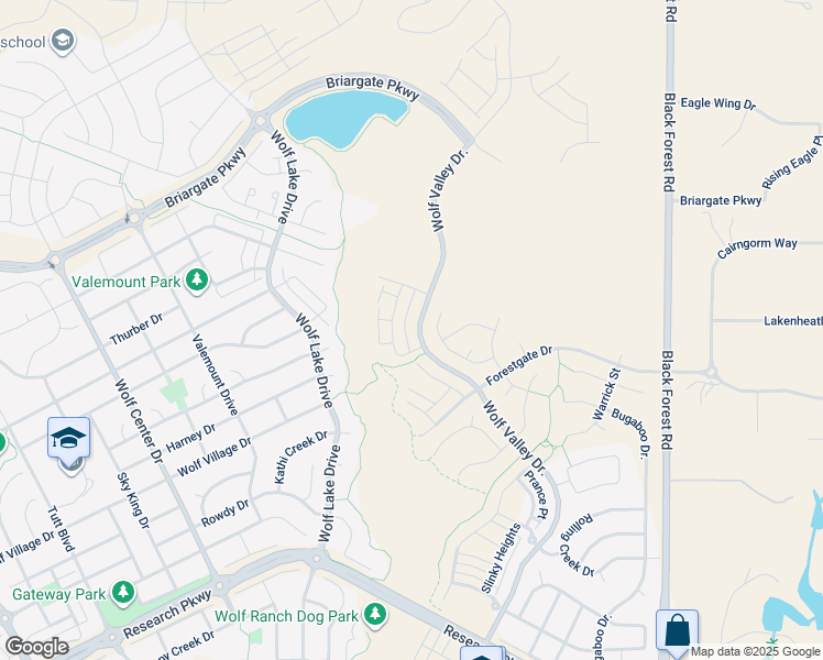 map of restaurants, bars, coffee shops, grocery stores, and more near Wolf Lake Drive in Colorado Springs