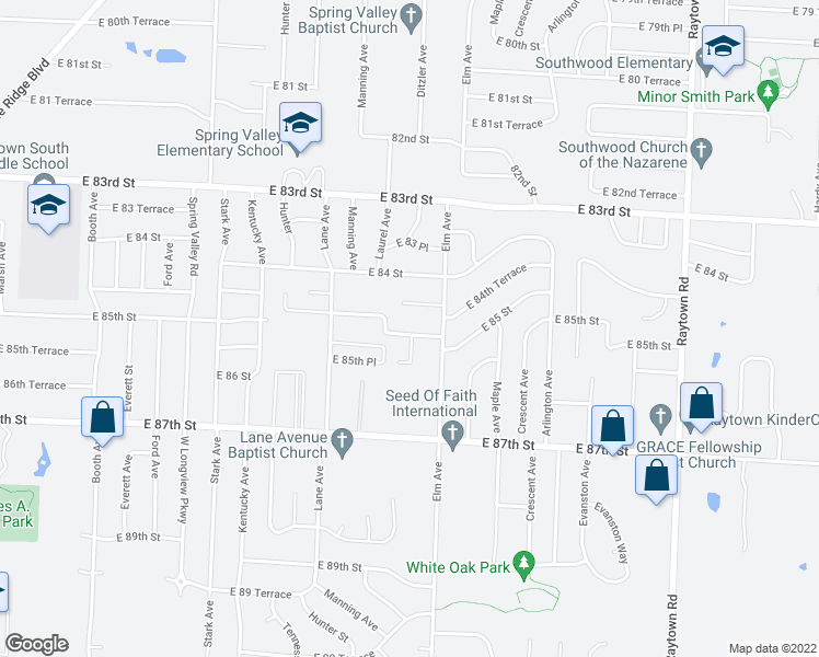 map of restaurants, bars, coffee shops, grocery stores, and more near 8508 Ditzler Avenue in Raytown