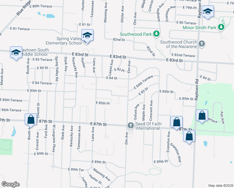 map of restaurants, bars, coffee shops, grocery stores, and more near 8508 Ditzler Avenue in Raytown