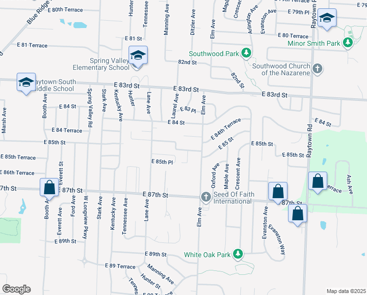 map of restaurants, bars, coffee shops, grocery stores, and more near 8508 Ditzler Avenue in Raytown