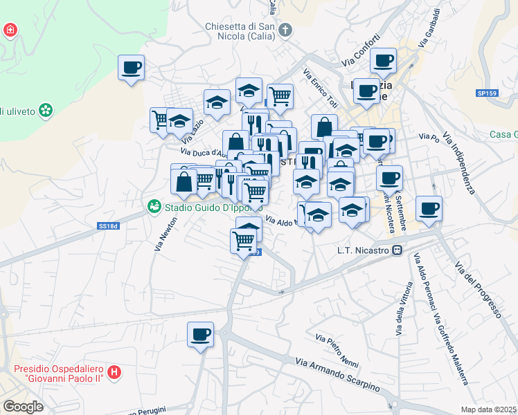 map of restaurants, bars, coffee shops, grocery stores, and more near Via S. Miceli in Lamezia Terme