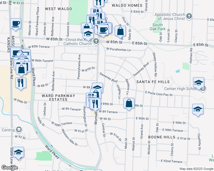 map of restaurants, bars, coffee shops, grocery stores, and more near 8806 Hiawatha Road in Kansas City