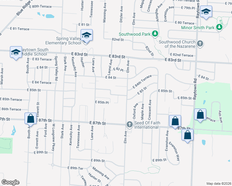 map of restaurants, bars, coffee shops, grocery stores, and more near 8508 Ditzler Avenue in Raytown