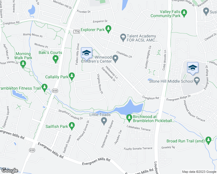 map of restaurants, bars, coffee shops, grocery stores, and more near 23422 Spice Bush Terrace in Brambleton