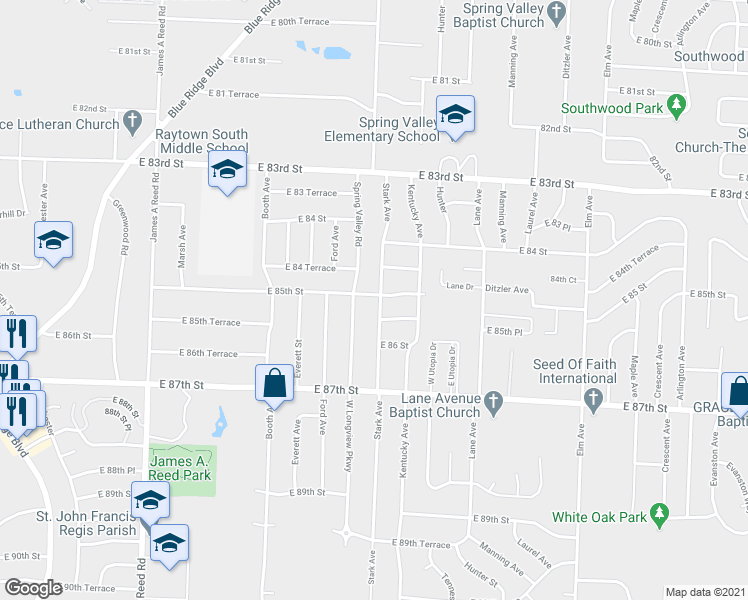map of restaurants, bars, coffee shops, grocery stores, and more near 8500 Stark Avenue in Raytown