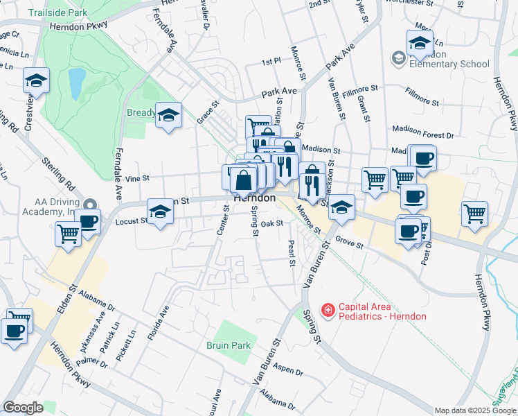 map of restaurants, bars, coffee shops, grocery stores, and more near 680 Spring Street in Herndon