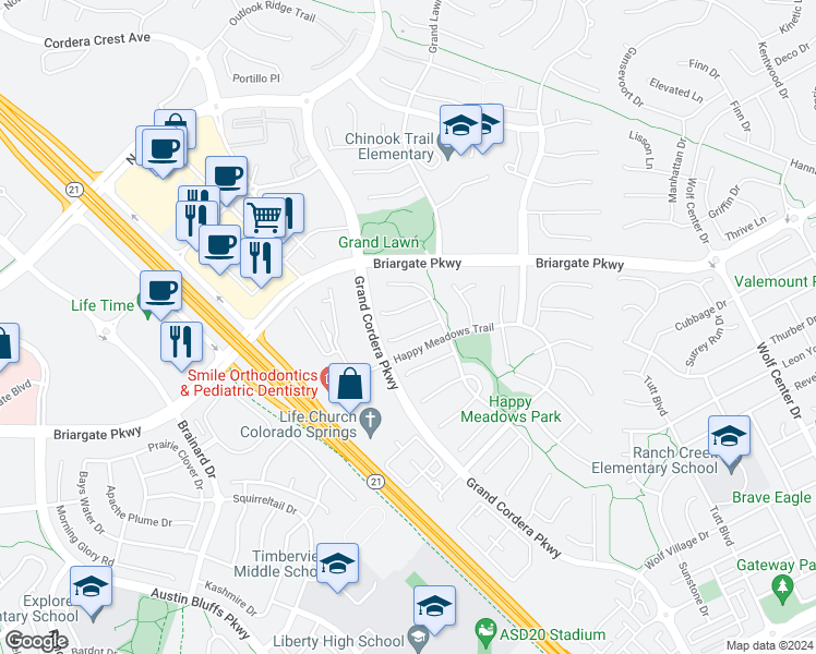 map of restaurants, bars, coffee shops, grocery stores, and more near 4846 Preachers Hollow Trail in Colorado Springs
