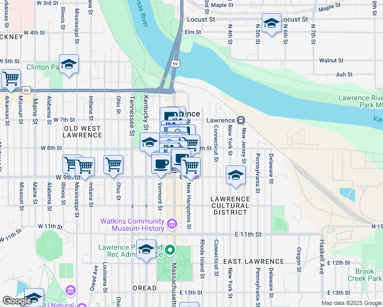 map of restaurants, bars, coffee shops, grocery stores, and more near 825 New Hampshire Street in Lawrence