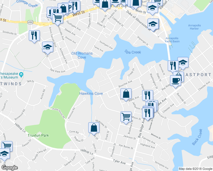 map of restaurants, bars, coffee shops, grocery stores, and more near 1109 Miami Avenue in Annapolis