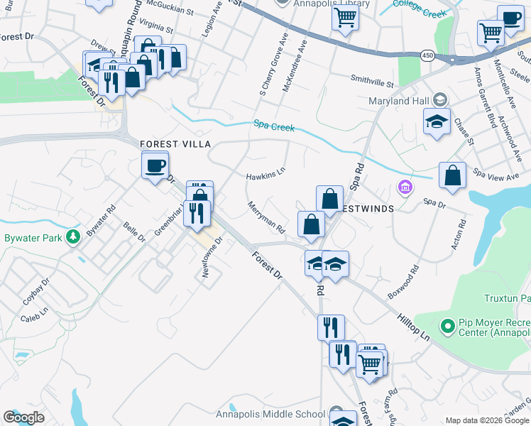 map of restaurants, bars, coffee shops, grocery stores, and more near 2 Heritage Court in Annapolis