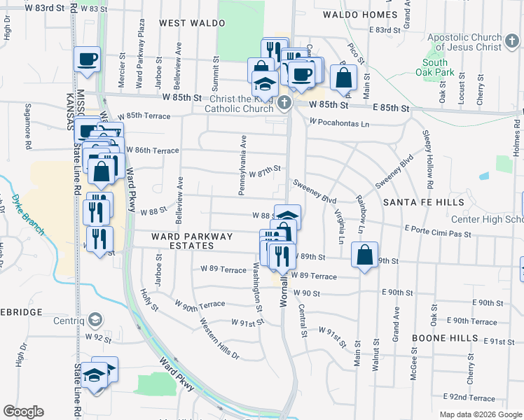 map of restaurants, bars, coffee shops, grocery stores, and more near 507 West 88 Street in Kansas City