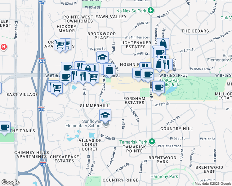 map of restaurants, bars, coffee shops, grocery stores, and more near West 88th Terrace in Lenexa