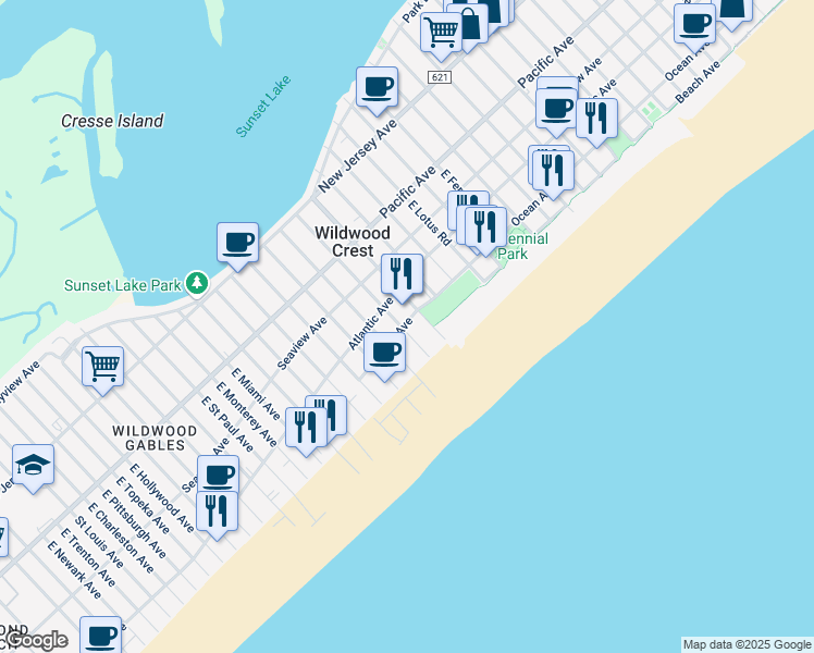 map of restaurants, bars, coffee shops, grocery stores, and more near 507 East Orchid Road in Wildwood Crest