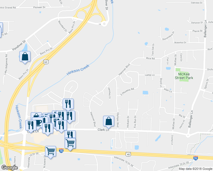map of restaurants, bars, coffee shops, grocery stores, and more near 1629 Hanover Boulevard in Columbia