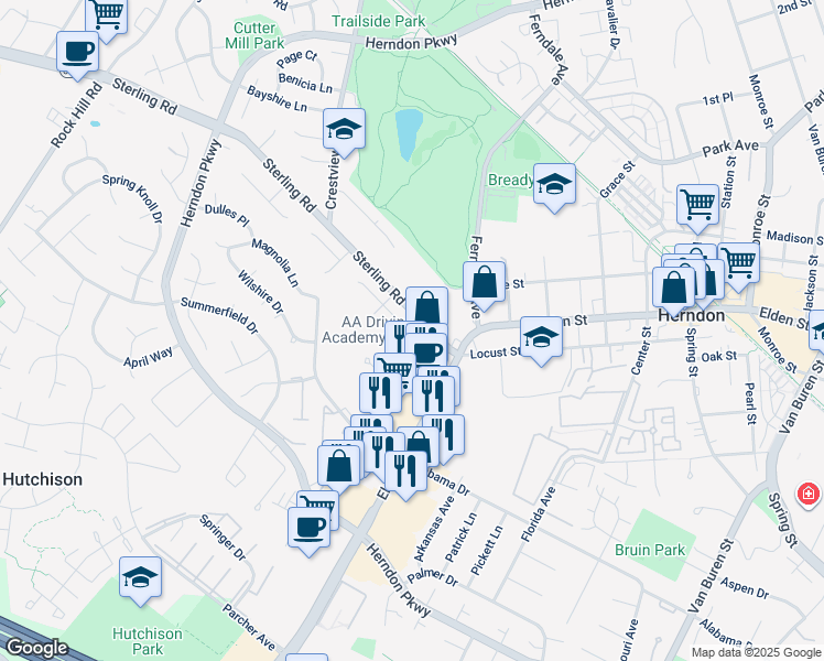 map of restaurants, bars, coffee shops, grocery stores, and more near 1101 Treeside Lane in Herndon